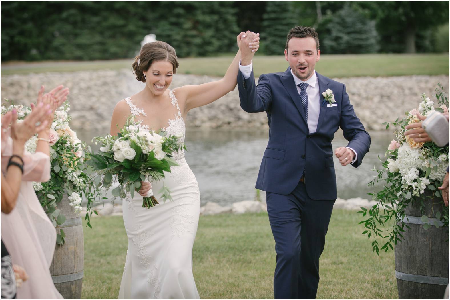 Outdoor wedding first kiss