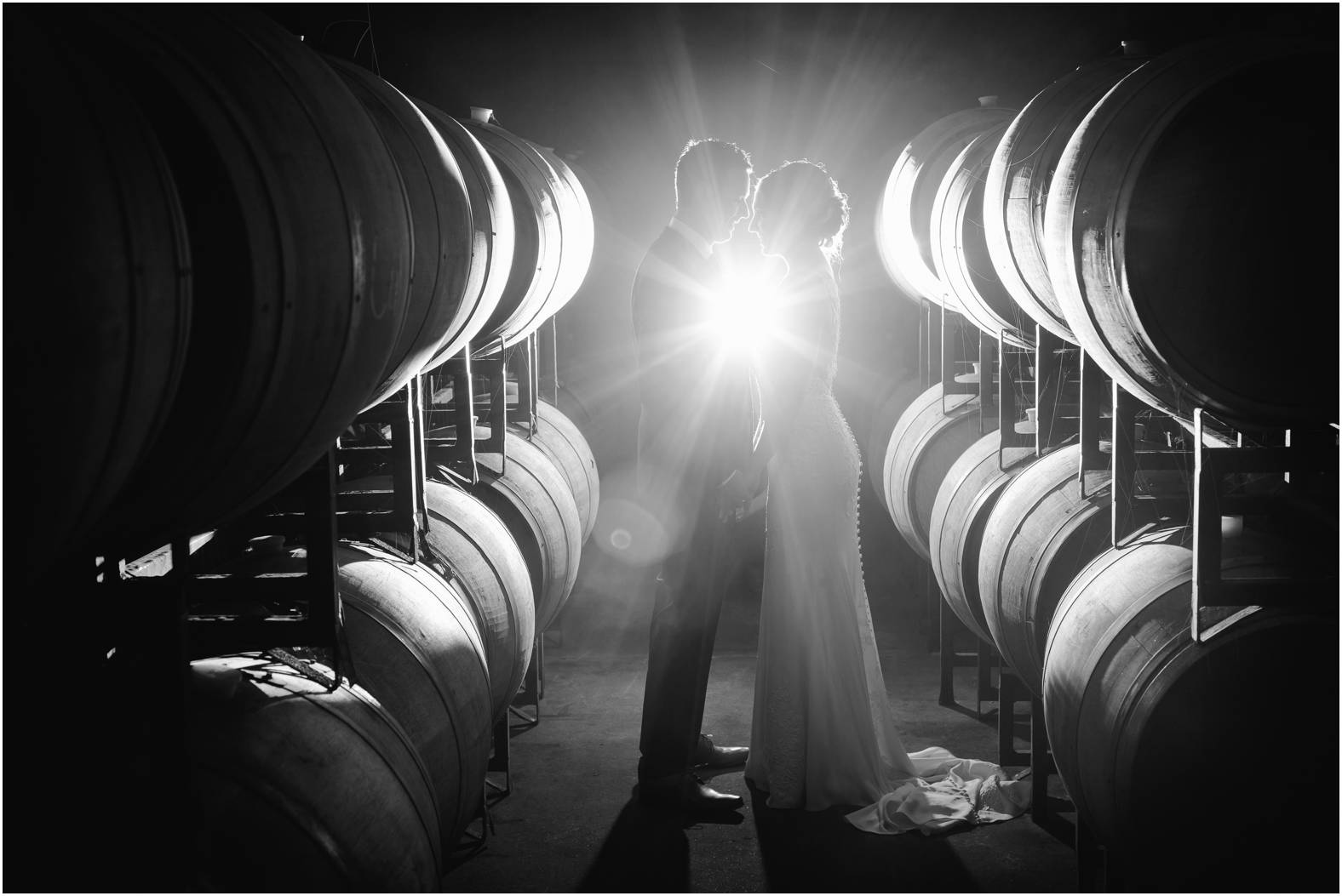 Creative cellar bride and groom portrait