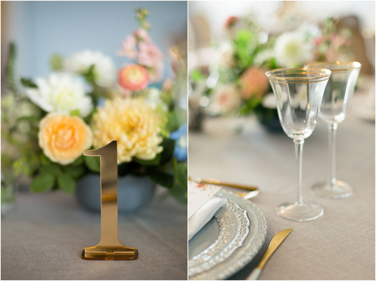 bridal brunch table scape gold rimmed glassware