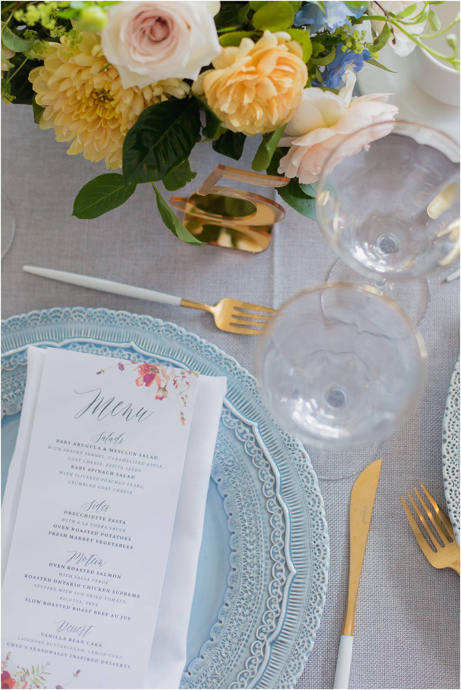 Dove blue and gold table scape for spring bridal brunch