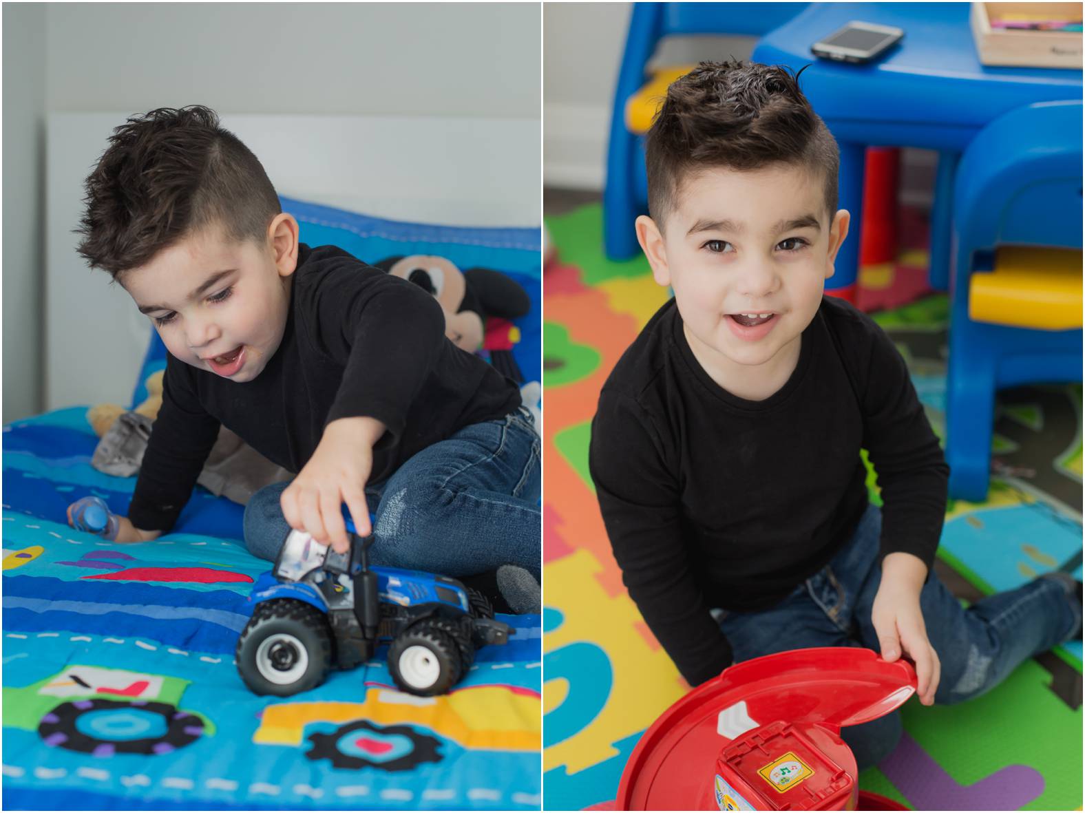 Toddler plays with tractor and toys during an in-home family session