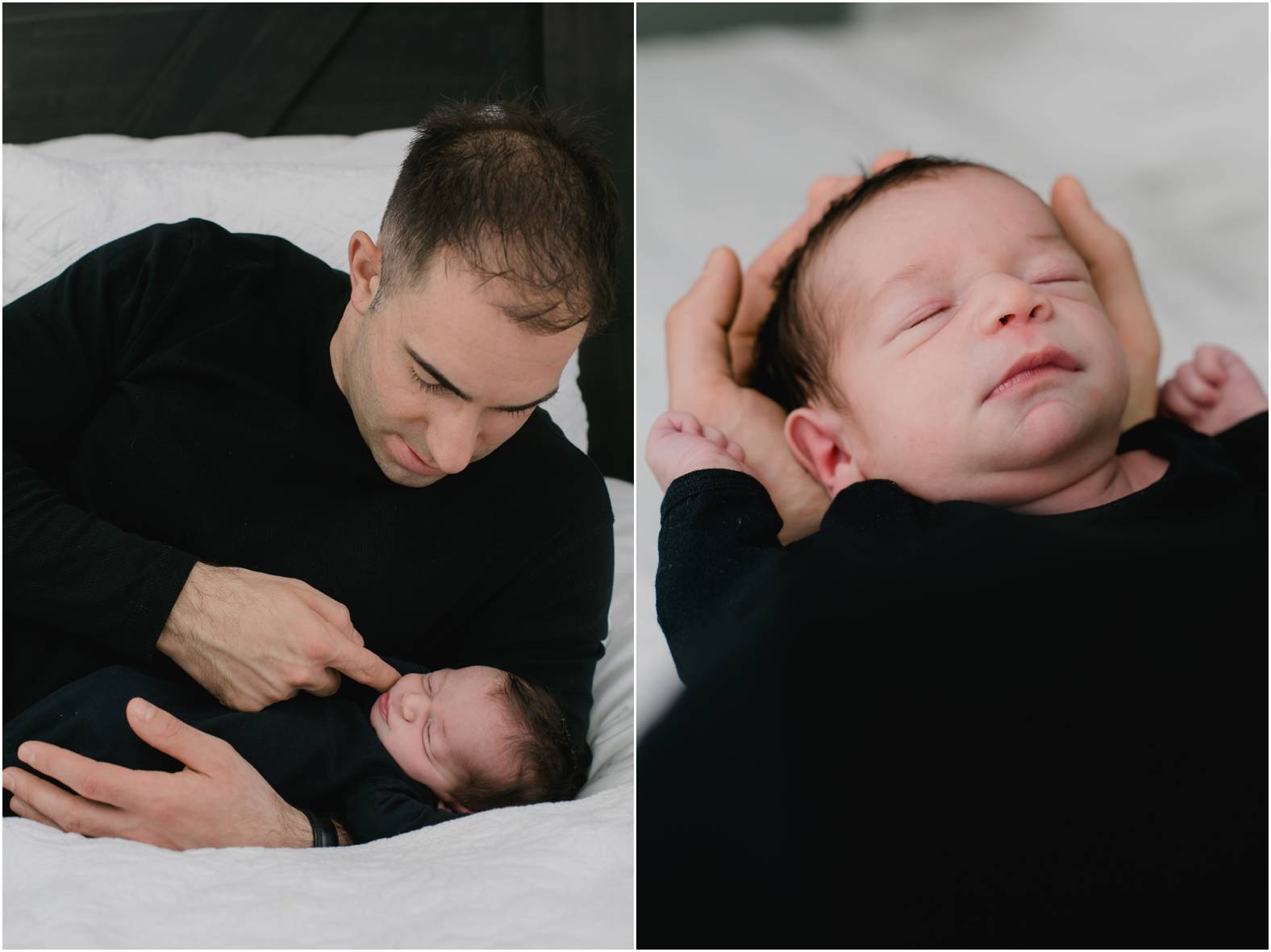 Dad and newborn baby boy both dressed in black snuggle on the bed during a newborn portrait session