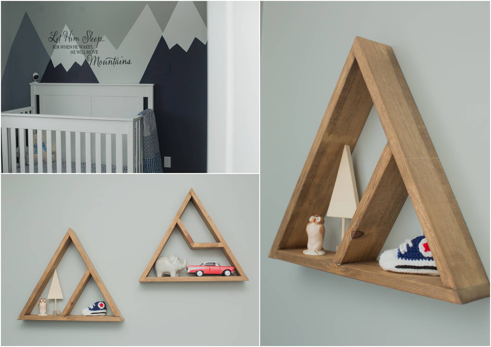Nursery details with wooden triangle frames and mountain wall decal