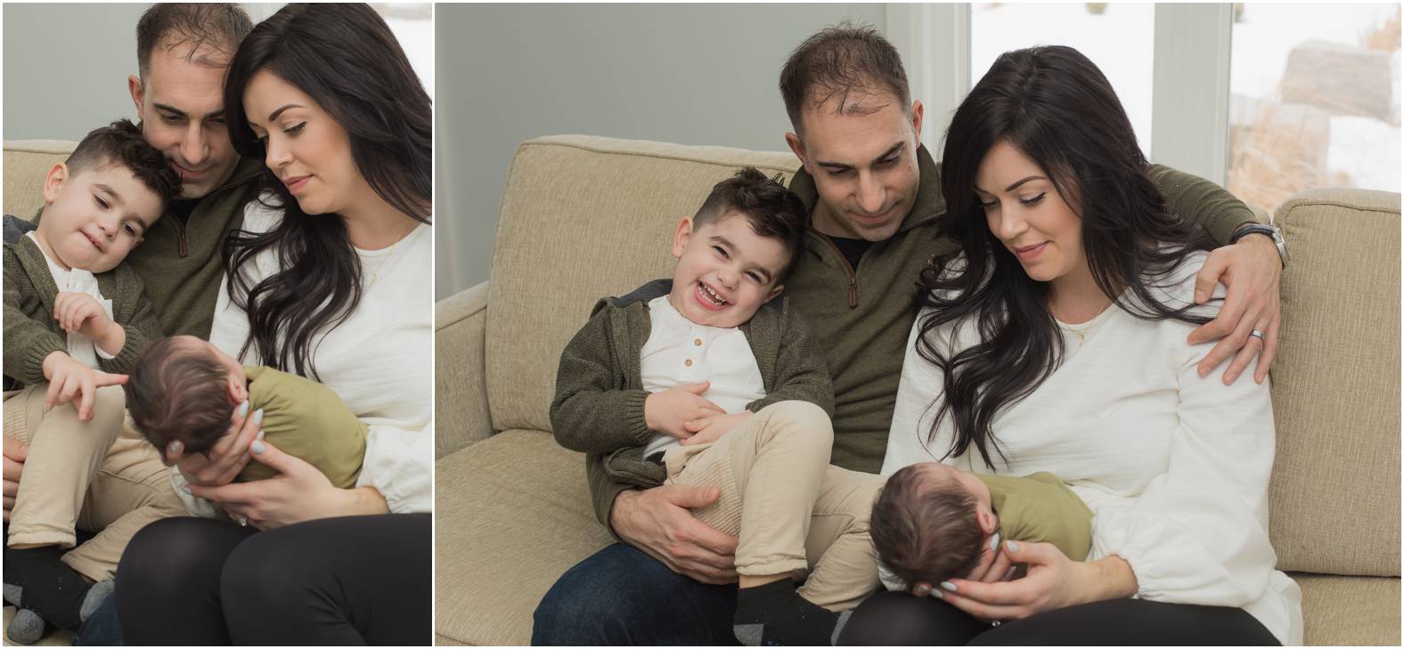 Family of four snuggle newborn baby boy on the couch during their in-home newborn session