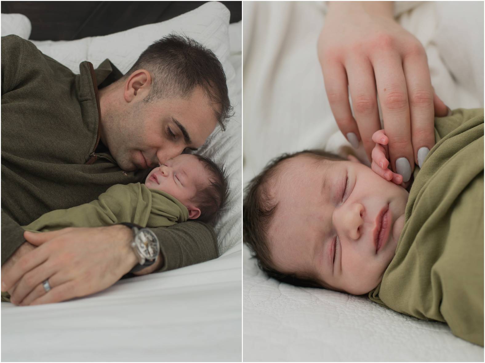 Dad snuggles newborn baby boy swaddled in olive green blanket on the bed.