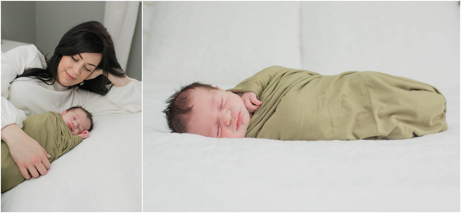 Newborn baby boy swaddled in olive green blanket on bed.